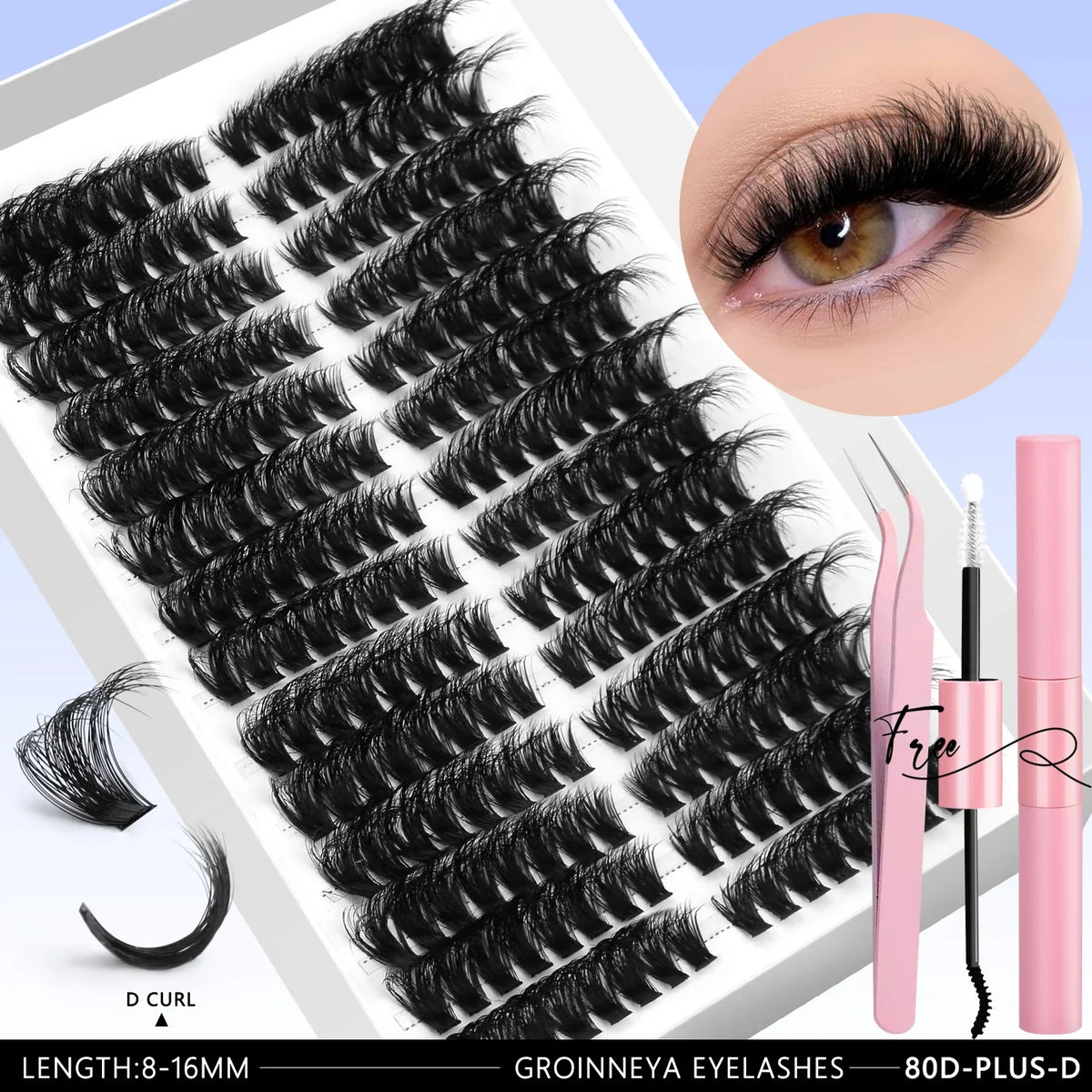 GROINNEYA DIY Eyelash Extension Kit Lashes Clusters Set Mix Eyelashes Full Set With Lash Bond&Seal and Eyelash Tweezers Makeup