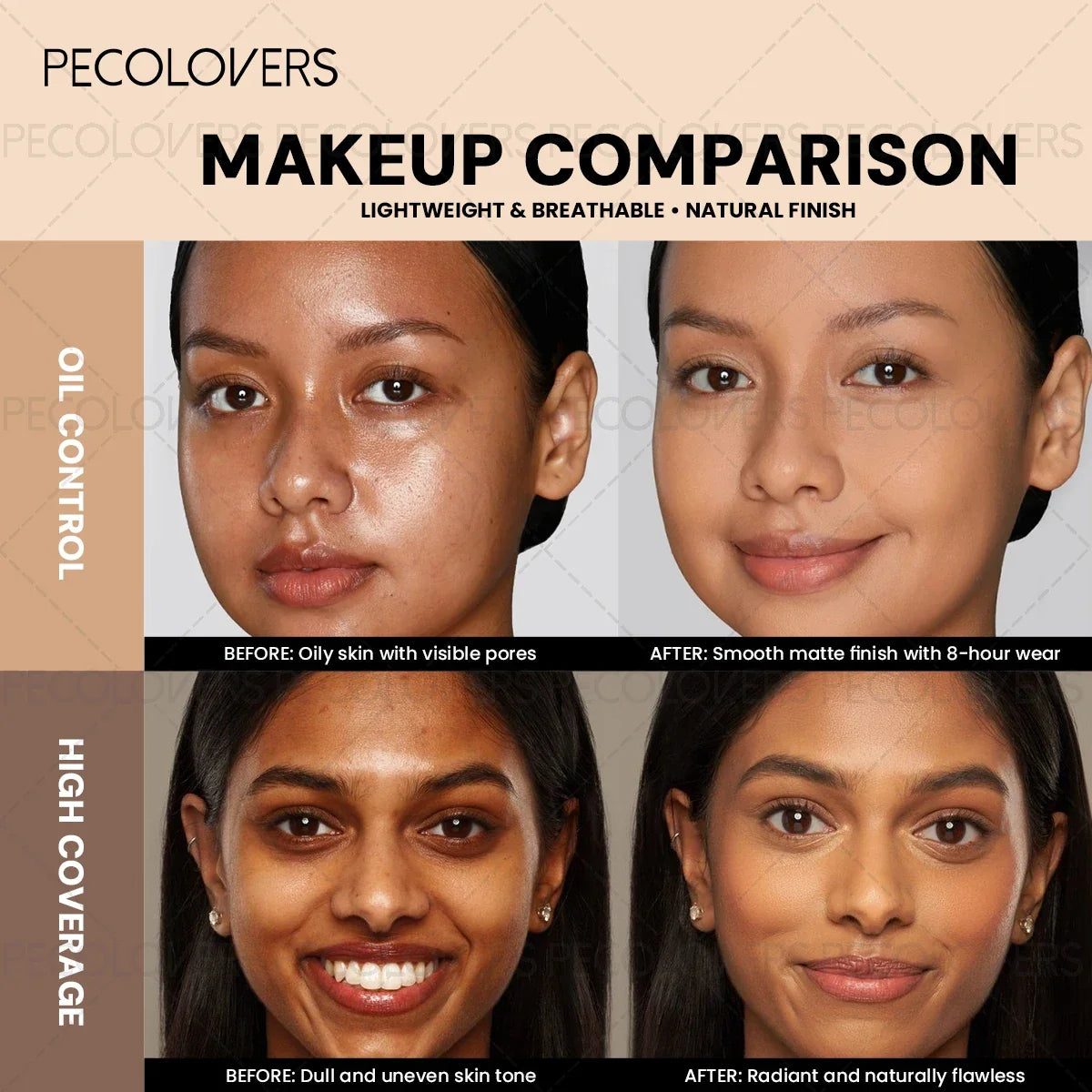 Pressed Powder Foundation, Waterproof, Matte Finish, Full Coverage, Non-Sticky, for All Skin Types, Light to Medium Tone