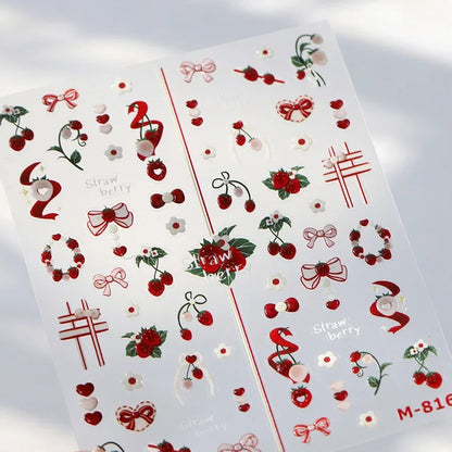 Cute Juicy Red Cherry Bowknot 5D Nail Art Stickers Lovely Shiny Crystal Rhinestone Self Adhesive Decoration Manicure Decal DIY