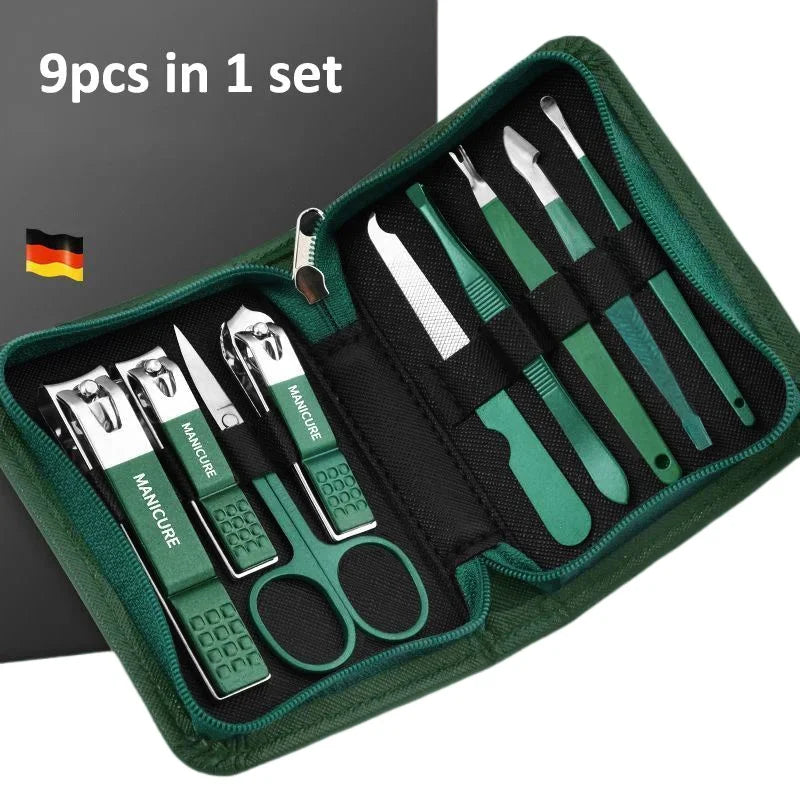 Green 6-18 Pcs Manicure Set With Leather Case Professional Foot And Face Care Tool Kits Stainless Steel Nail Clipper Sets Gift