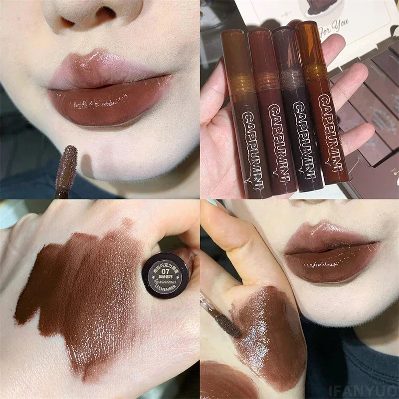 Punk Dark Brown Mirror Water Lip Gloss Red Lip Glaze Transparent Glass Lip Oil Waterproof Liquid Lipstick Clear Tint Makeup