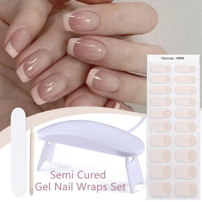 Harunouta 4pcs/set Gradient Jelly Semi Cured Gel Nail Strips with Nail Lamp Nude Pink Waterproof Nail Stickers Long Lasting Wrap