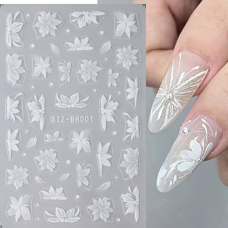 3D White Flower Nail Art Stickers Cute Floral Adhesive Sliders Acrylic Decoration Decals DIY Nail Charms Adhesive Accessories