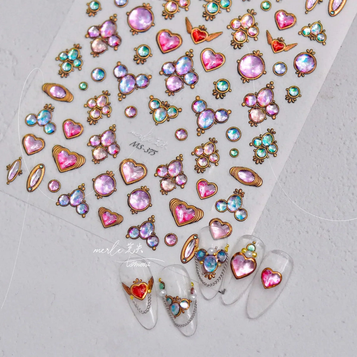 Cat's Eye 5D Gradient European Love Heart Gem Wing Crystal Geometric Colorful Self Adhesive Nail Art Stickers Manicure Decals