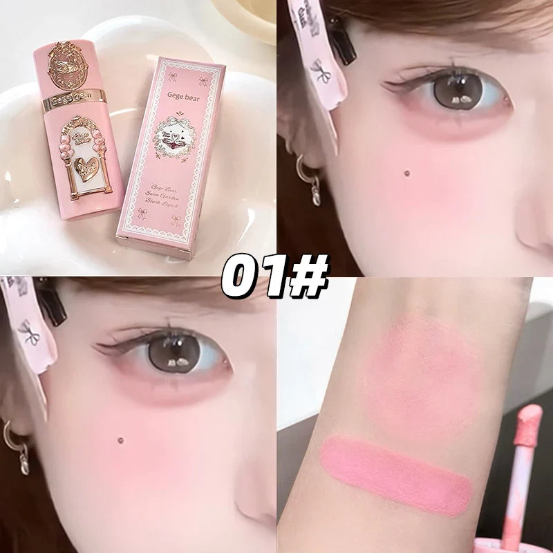 Gege bear Strawberry Cupid Pink Pop Set Velvet Matte Lip Cream Pressed Powder Liquid Blush Set Long Lasting Lightweight Makeu