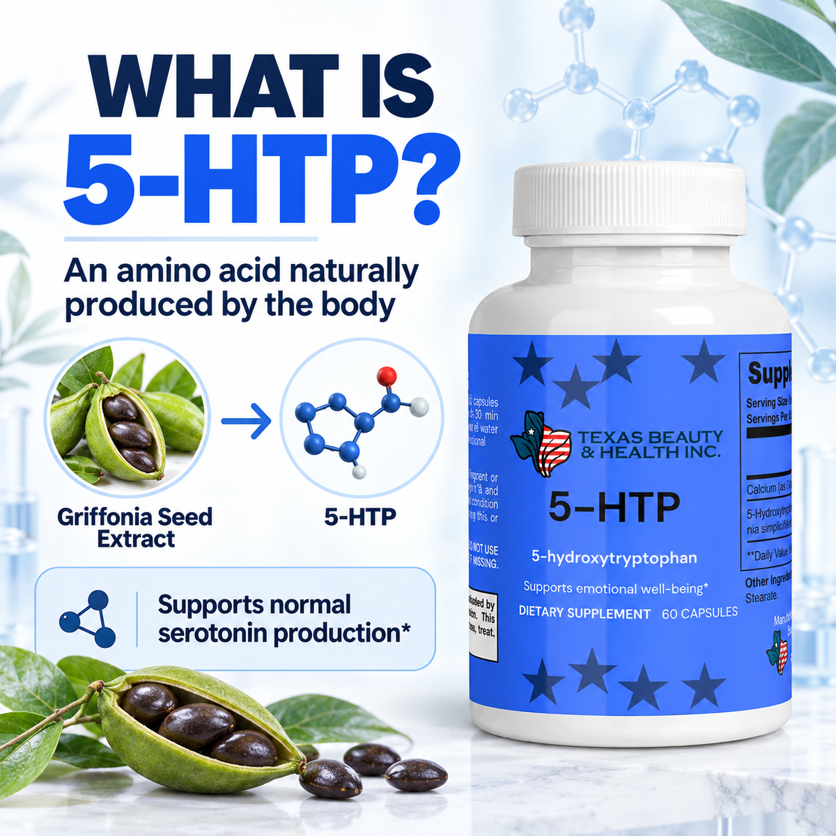 Texas Beauty & Health MoodLift 5-HTP Supplement for Mood, Calm & Sleep Support, 60 Capsules