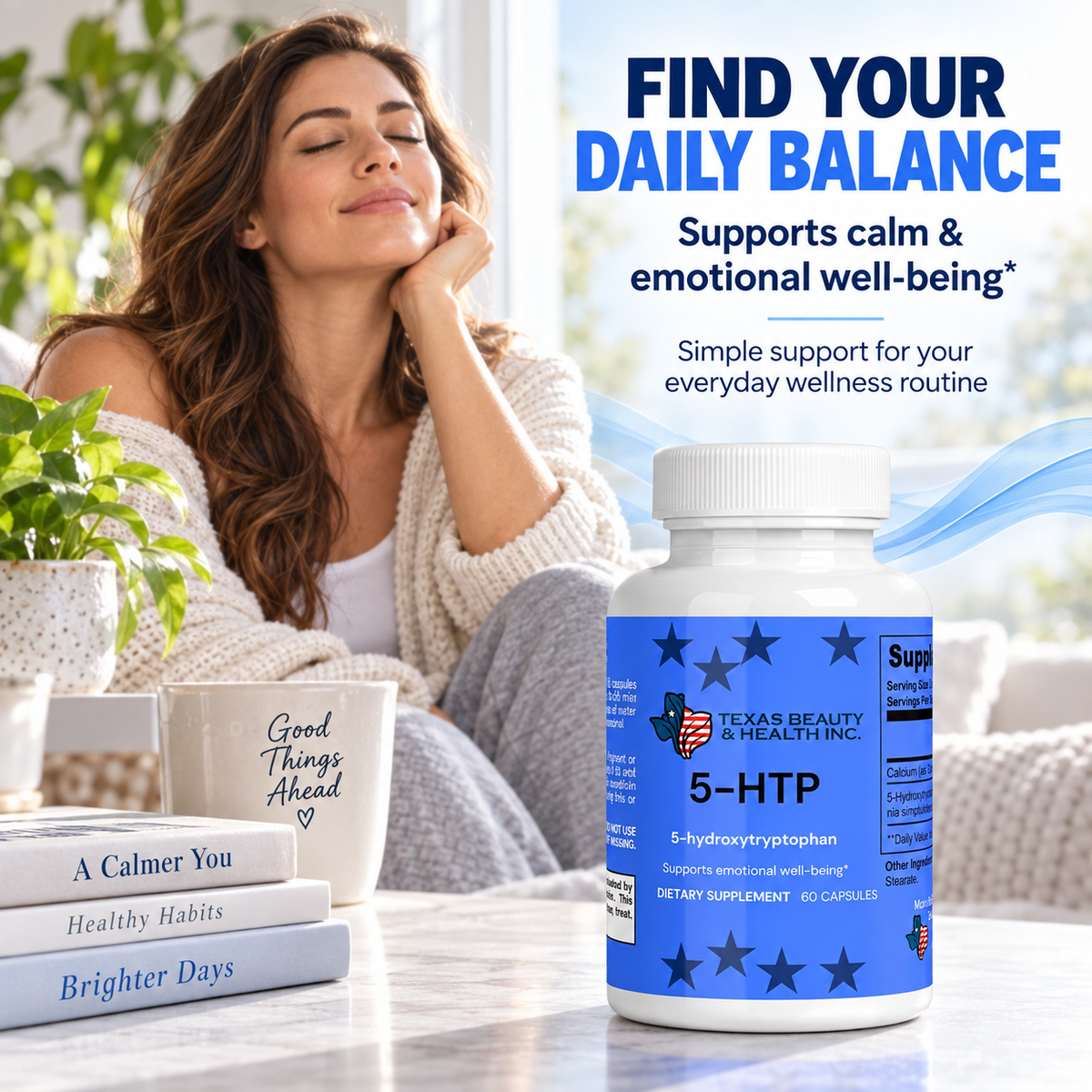 Texas Beauty & Health MoodLift 5-HTP Supplement for Mood, Calm & Sleep Support, 60 Capsules