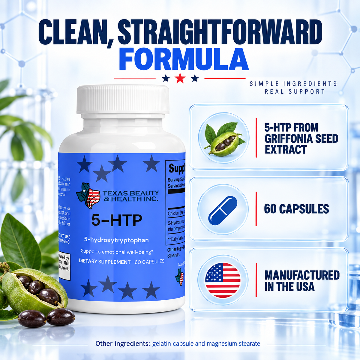 Texas Beauty & Health MoodLift 5-HTP Supplement for Mood, Calm & Sleep Support, 60 Capsules