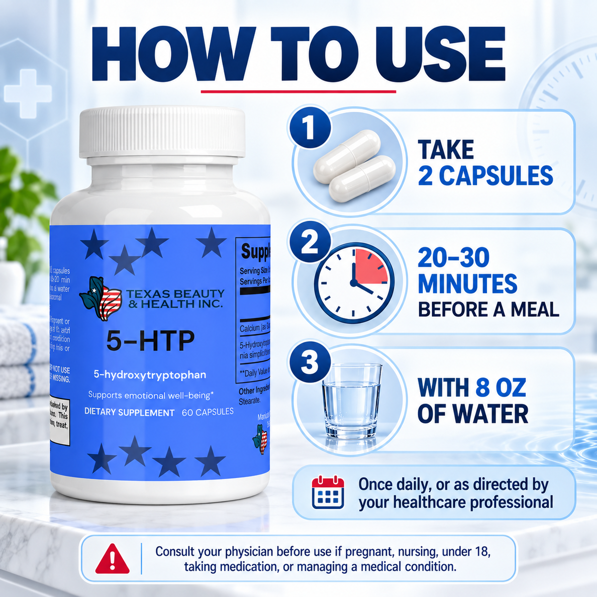 Texas Beauty & Health MoodLift 5-HTP Supplement for Mood, Calm & Sleep Support, 60 Capsules