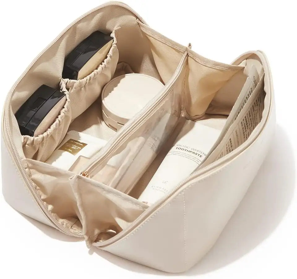 Travel Makeup Bag | Waterproof Portable Pouch | Open Flat Toiletry Bag Make up Organizer with Handle | Large Capacity