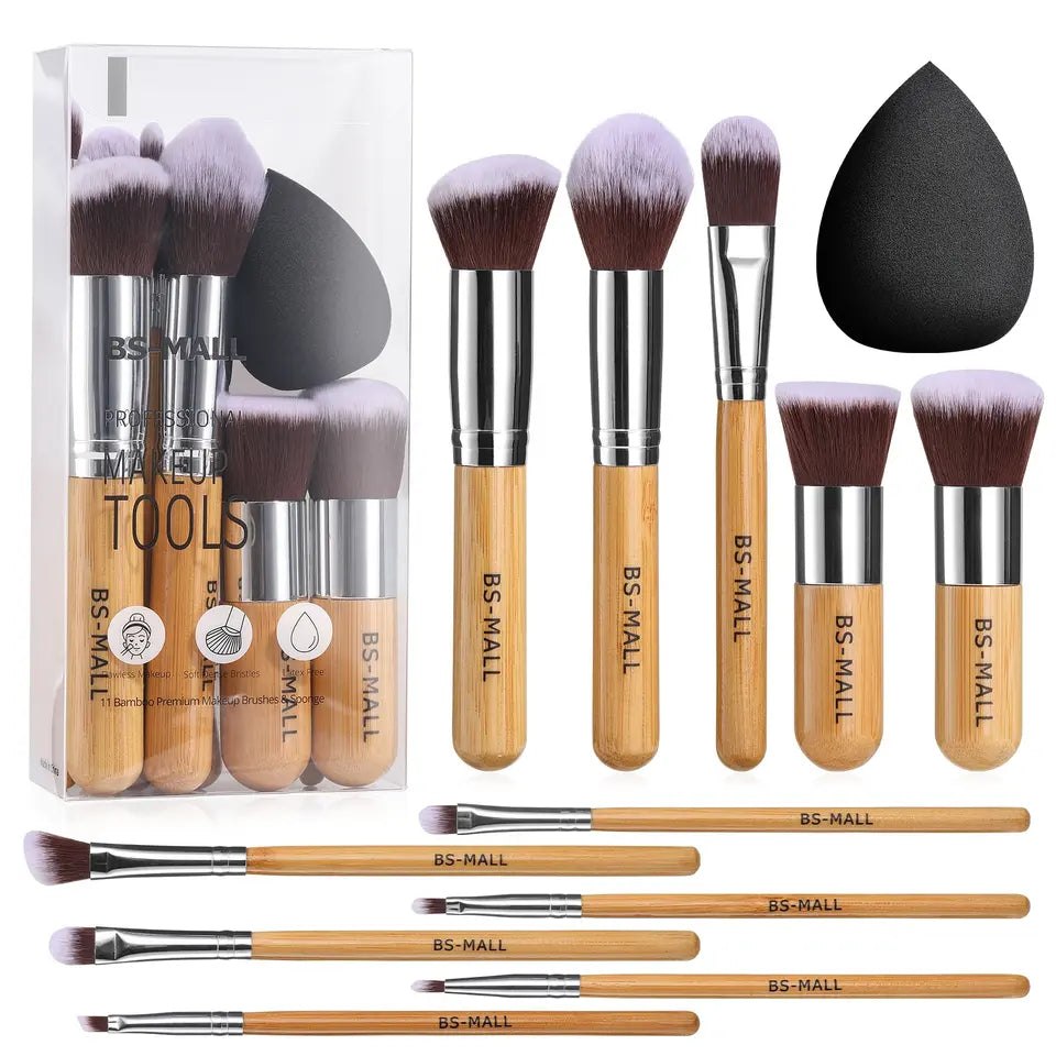 Vegan Cruelty Free Bamboo Makeup Brushes 11 PCS Bamboo Makeup Brushes with Makeup Sponge