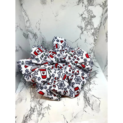 White Coffee and Snowflake Christmas Bullet Scrunchie