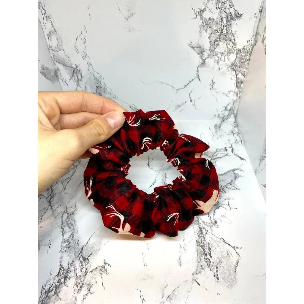 Mini Reindeer Buffalo Plaid Christmas Scrunch