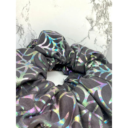 Grey Holographic Spiderweb Halloween Scrunchie