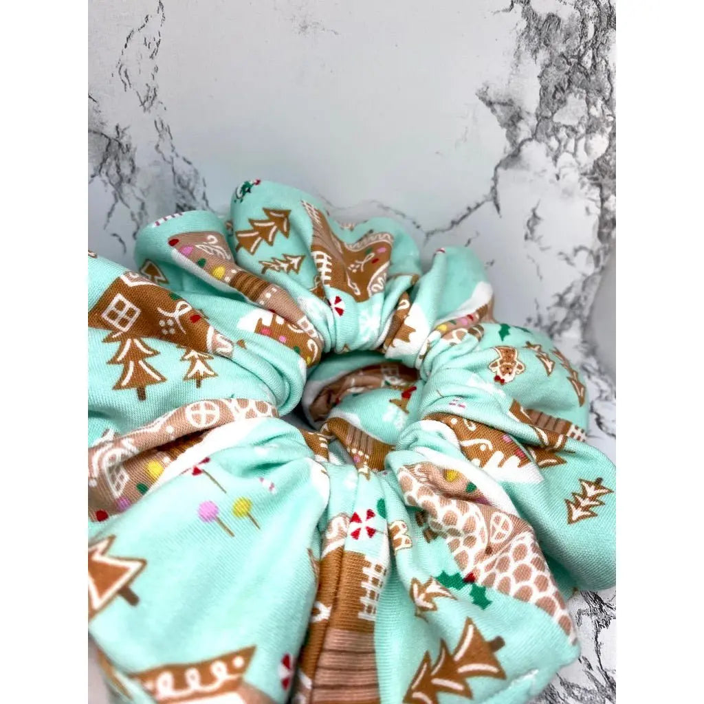 Blue Gingerbread House Christmas Scrunchie