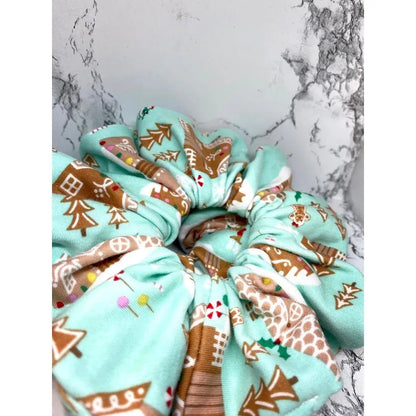 Blue Gingerbread House Christmas Scrunchie