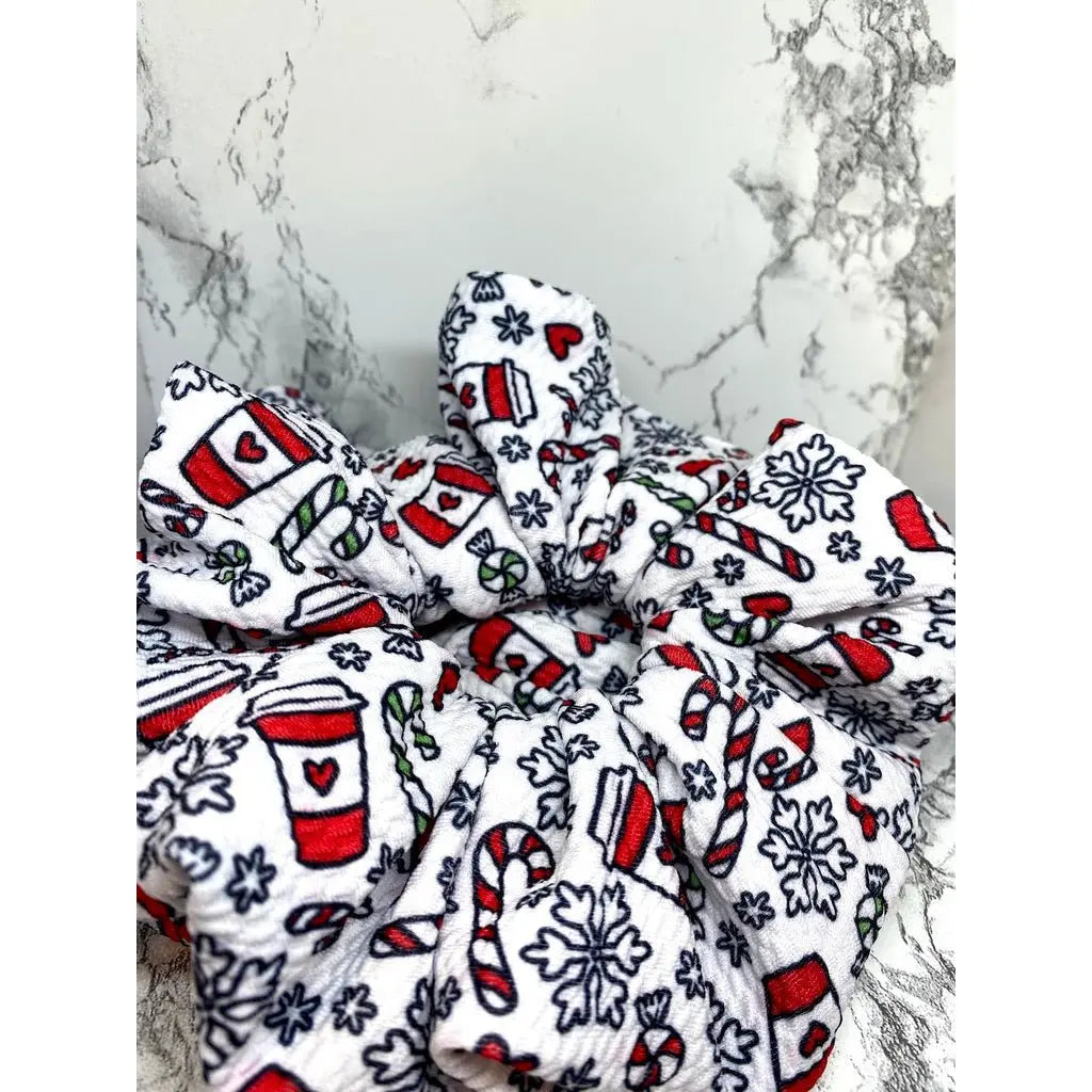 White Coffee and Snowflake Christmas Bullet Scrunchie