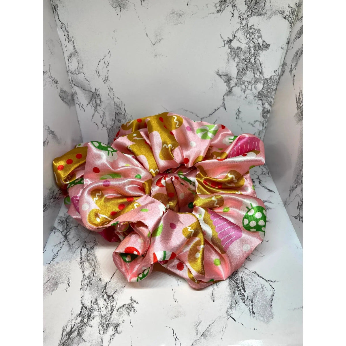 Pink Gingerbread Silk Christmas Scrunchie
