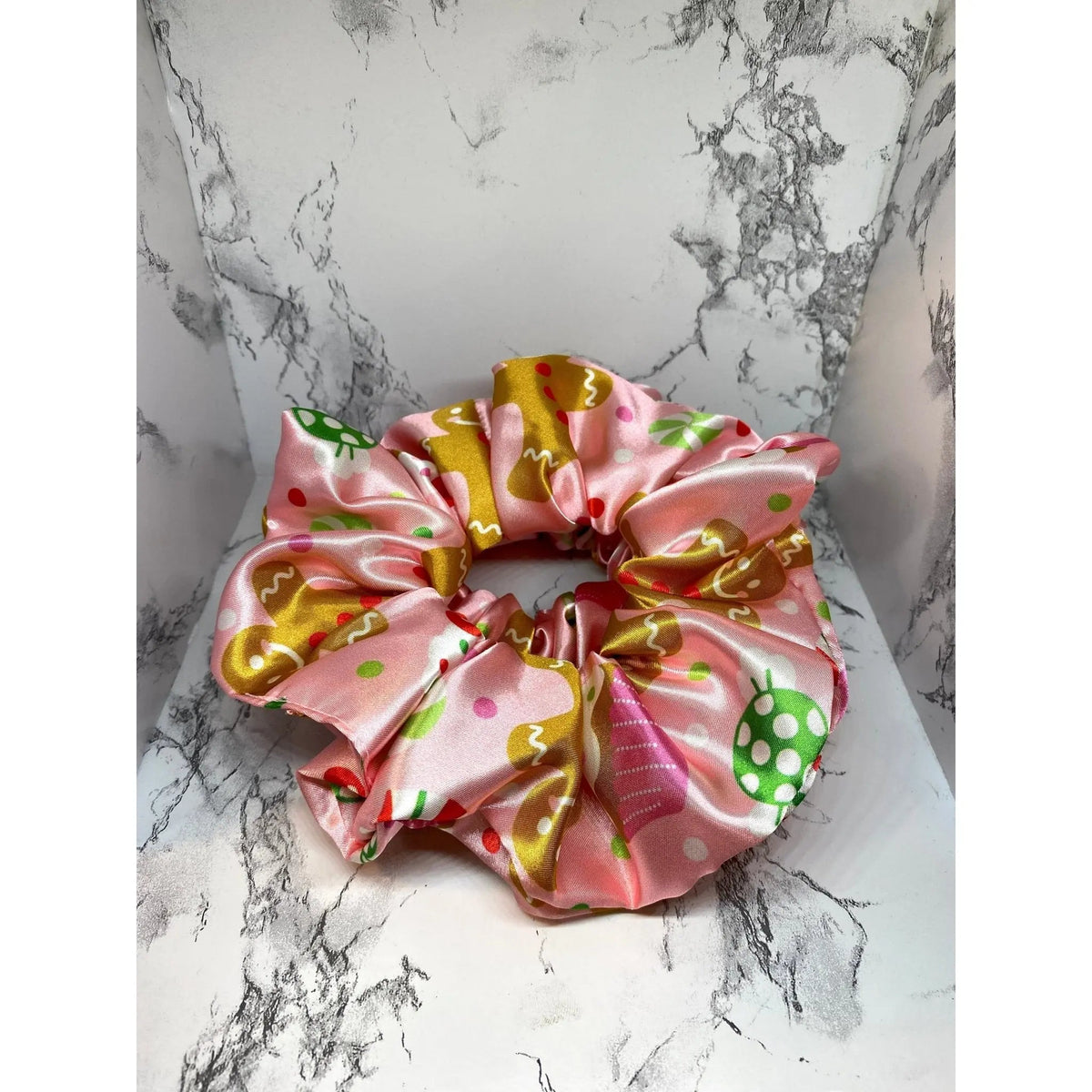 Pink Gingerbread Silk Christmas Scrunchie
