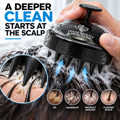 Texas Beauty & Health Scalp Massager Shampoo Brush, Massaging Scrubber with Soft Silicone Bristles for Hair Growth Support & Dandruff Removal (Black)