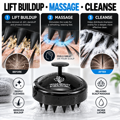 Texas Beauty & Health Scalp Massager Shampoo Brush, Massaging Scrubber with Soft Silicone Bristles for Hair Growth Support & Dandruff Removal (Black)