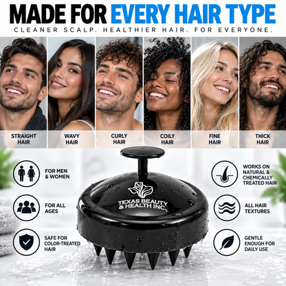 Texas Beauty & Health Scalp Massager Shampoo Brush, Massaging Scrubber with Soft Silicone Bristles for Hair Growth Support & Dandruff Removal (Black)